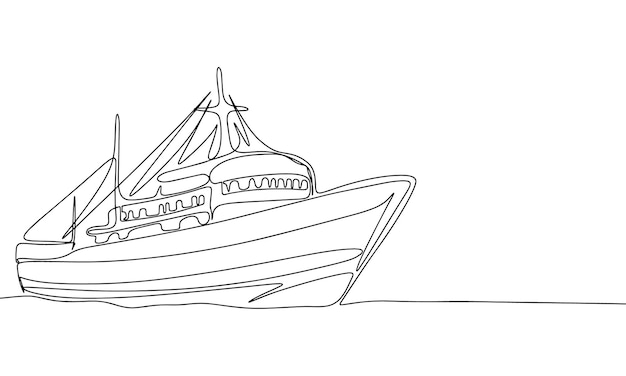 Silhouette of fish ship One line continuous concept banner with fish boat Outline line art vecto