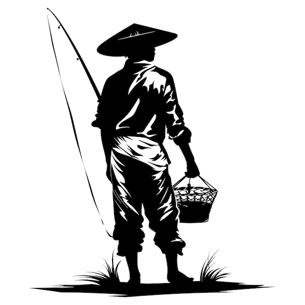 Silhouette fisherman black color only full body