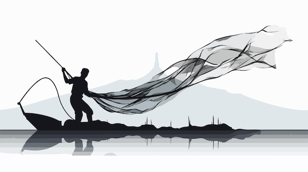 Vector silhouette of fisherman with net for catching fish in action