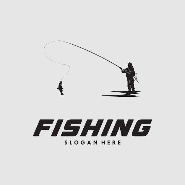 Silhouette fishing on white background logo design