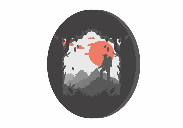 Silhouette flat illustration of a mountain climber standing on top of a hill