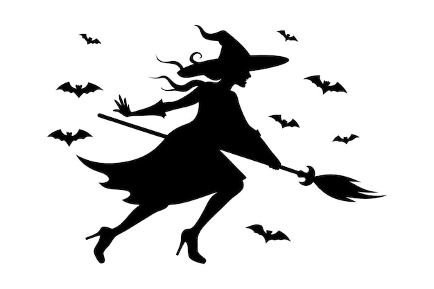 Vector silhouette of a flying witch on a broomstick with bats halloween illustration