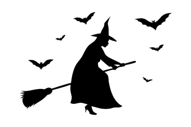 Vector silhouette of a flying witch on a broomstick with bats halloween illustration