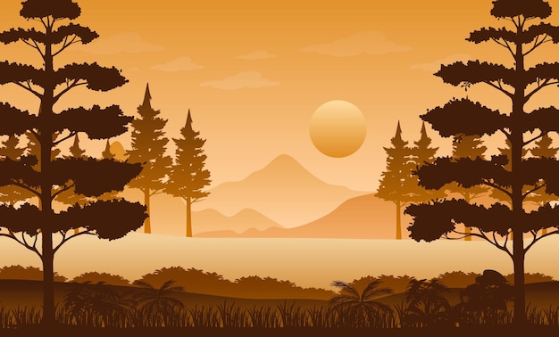 Silhouette forest landscape at sunset