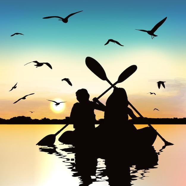 Silhouette of funny girls kayaking.