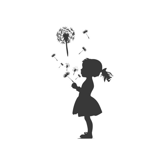 Silhouette of a Girl Blowing on a Dandelion with Seeds Flying Away