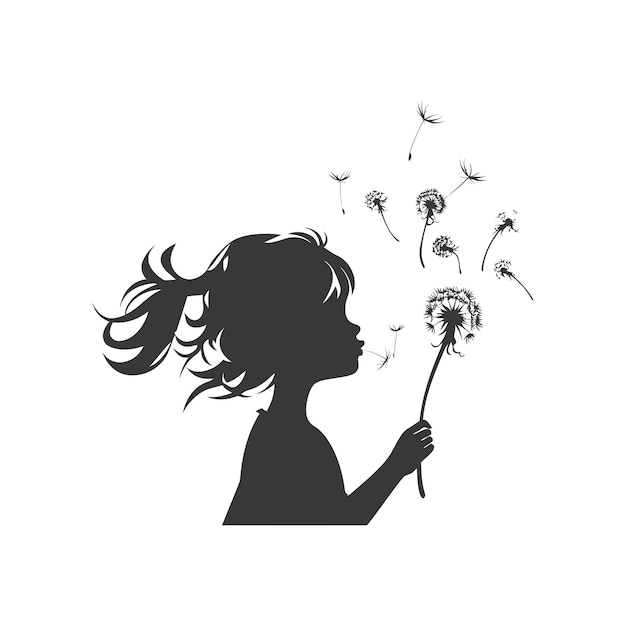 Vector silhouette of a girl blowing on a dandelion