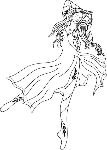 Silhouette of a girl Dancer silhouette Witch Vector linear illustration