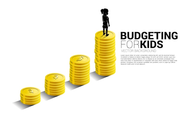 Silhouette of girl standing on top of growth graph with stack of coin. banner of budgeting for kids.