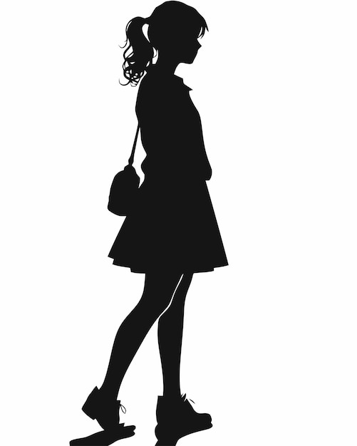 A silhouette of a girl with a bag on her shoulder