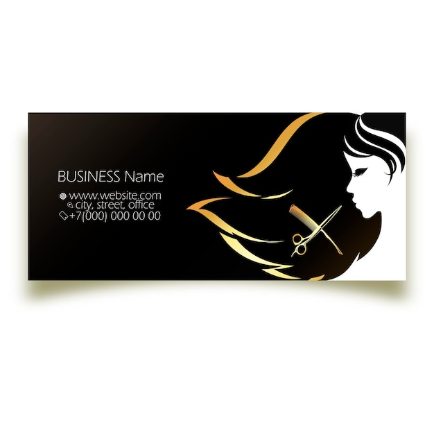 Vector silhouette of a girl with curls of hair scissors and a comb business card for a beauty salon