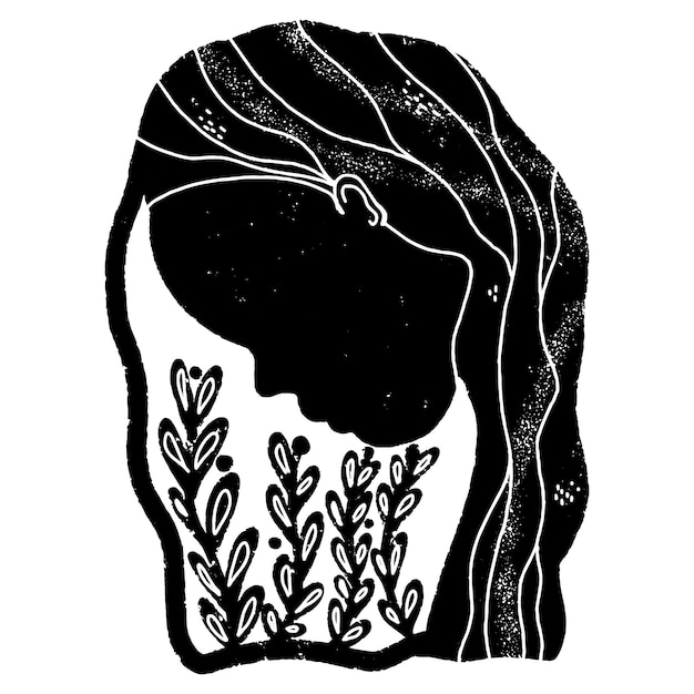 Silhouette of a girl with herbs Illustration in linocut style Vector black element