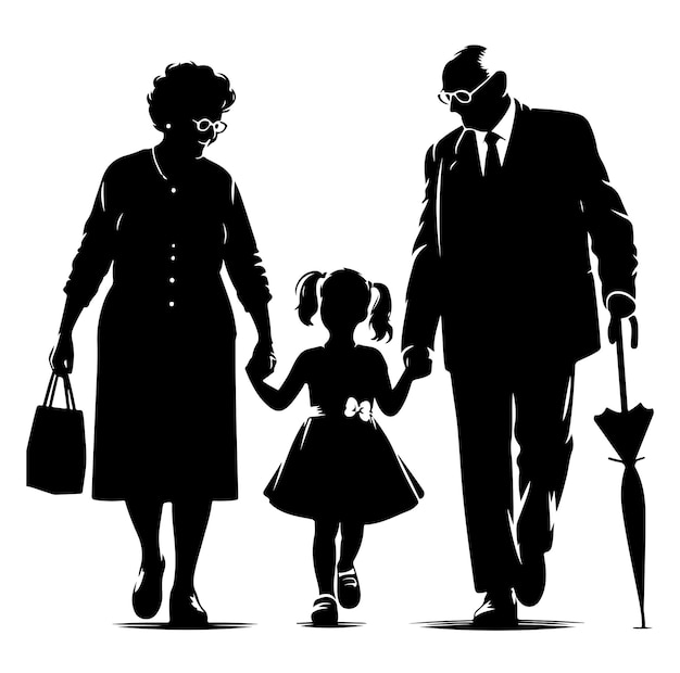 Silhouette of grandparents walking with granddaughter vector Illustration icon