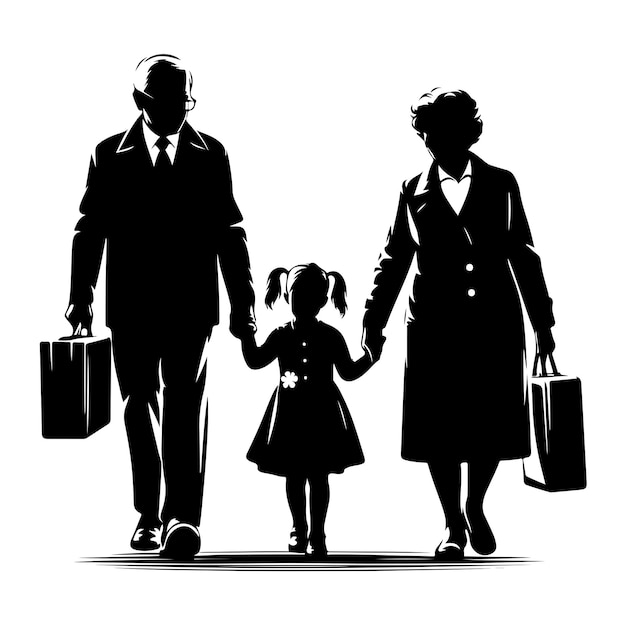 Silhouette of grandparents walking with granddaughter vector Illustration icon