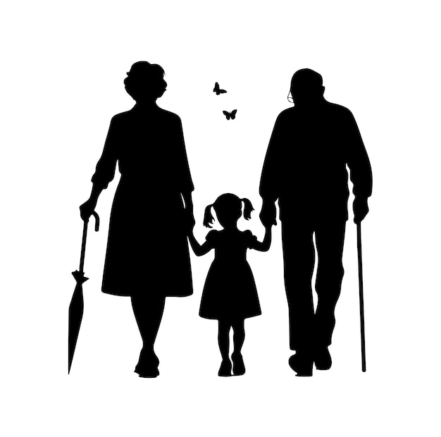 Silhouette of grandparents walking with granddaughter vector Illustration icon