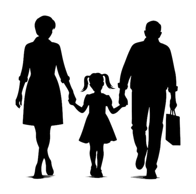 Silhouette of grandparents walking with granddaughter vector Illustration icon