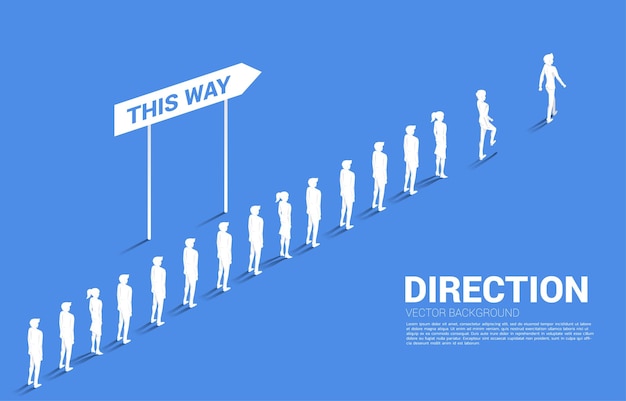 Silhouette group of businessman queue with direction Concept of business company and team direction