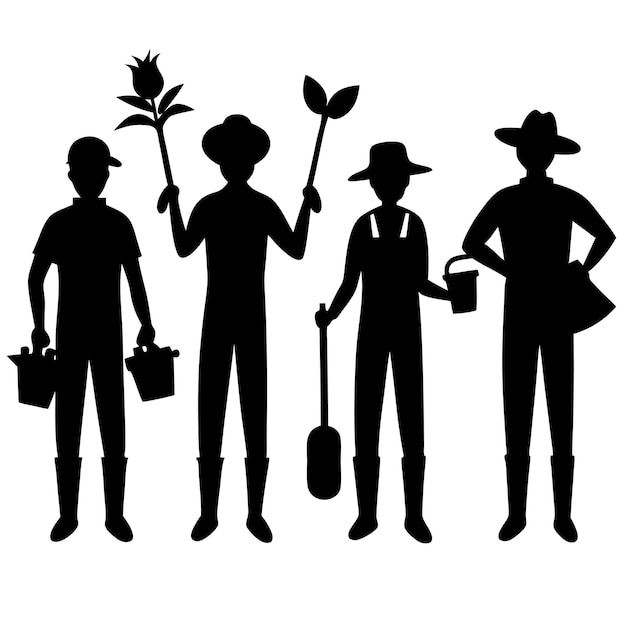 Vector silhouette of a group of six gardeners working together