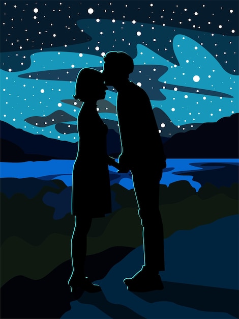 Vector silhouette of a guy and a girl in love against the backdrop of a landscape with a starry sky