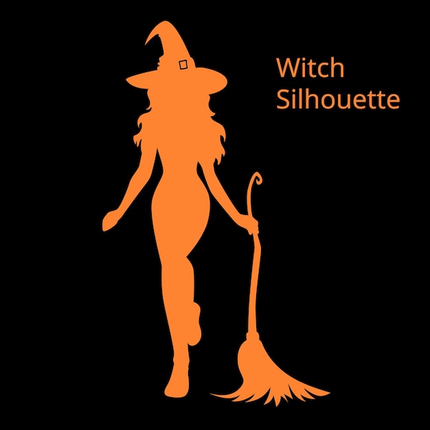 Silhouette of halloween beautiful sexy witch with broom and hat vector illustration isolated