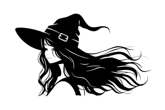 Vector silhouette halloween witch with long hair wearing a black witch hat on white background vector illustration