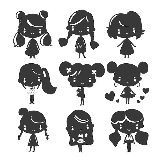 Vector silhouette hand drawn cute girl kawaii doodle collection set