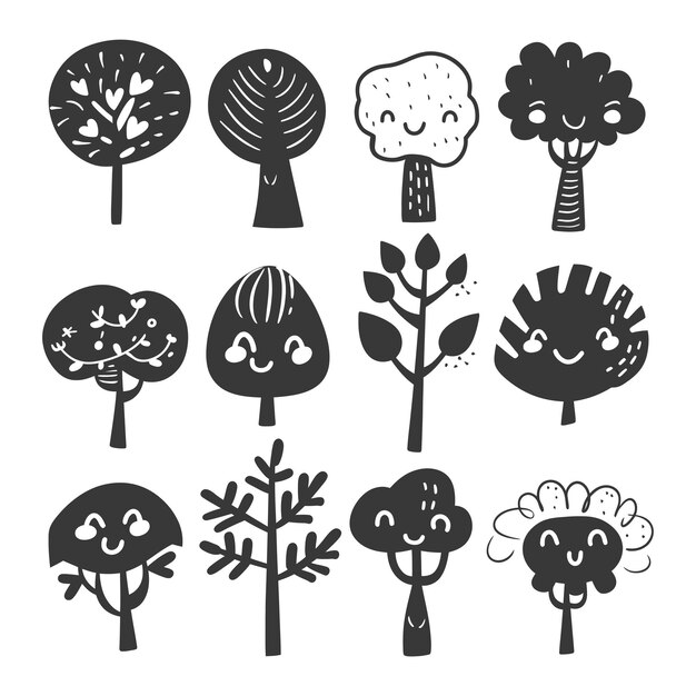 Vector silhouette hand drawn cute tree kawaii doodle collection set