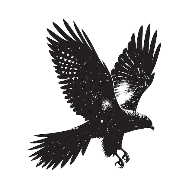 Vector silhouette of hawk filled with space and scifi element in rough drawing