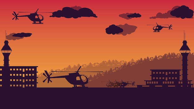 Silhouette of helicopter and air traffic control tower on orange gradient background