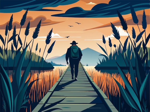 A silhouette of a hiker walking along a boardwalk through a wetland with reeds swaying