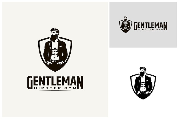 Vector silhouette of hipster man wears a shirtless suit with a shield for gym workout or crossfit logo