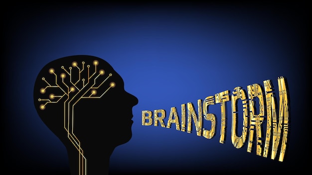 Silhouette of human head with golden digital brain and word brainstorm from the mouth on dark blue background Concept of finding new solutions and answers to questions