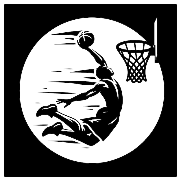 silhouette illustration of a basketball player performing a slam dunk