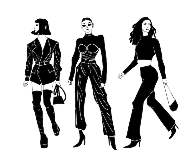 silhouette  illustration group of women walking Abstract minimal standing around flat design Vector