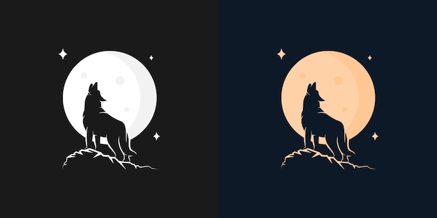 Silhouette illustration of Howling Wolf with Moon logo design