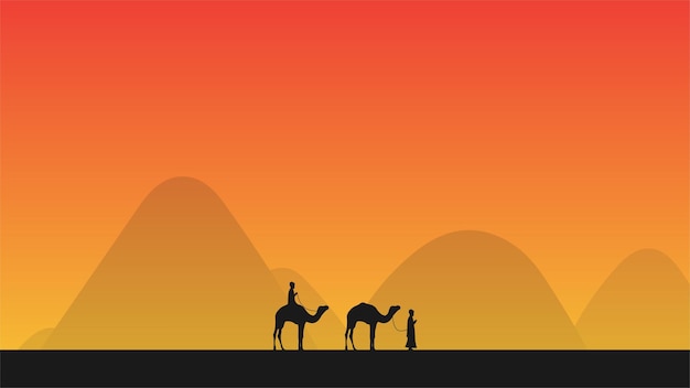 silhouette illustration of traveling in the middle of the desert with a camel