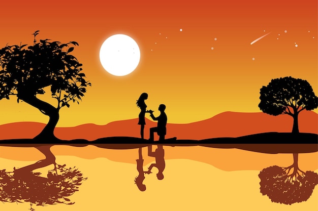 Silhouette illustrations couple in the beach