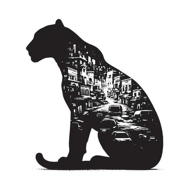 Vector silhouette of jaguar filled with ghetto street in rough drawing minimalist