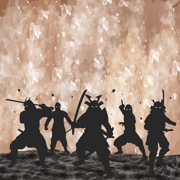 Silhouette of Japanese Samurai sword fighting Vector Illustration