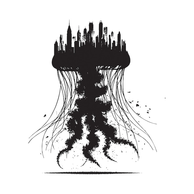 Vector silhouette of jelly fish filled with cityline in rough drawing