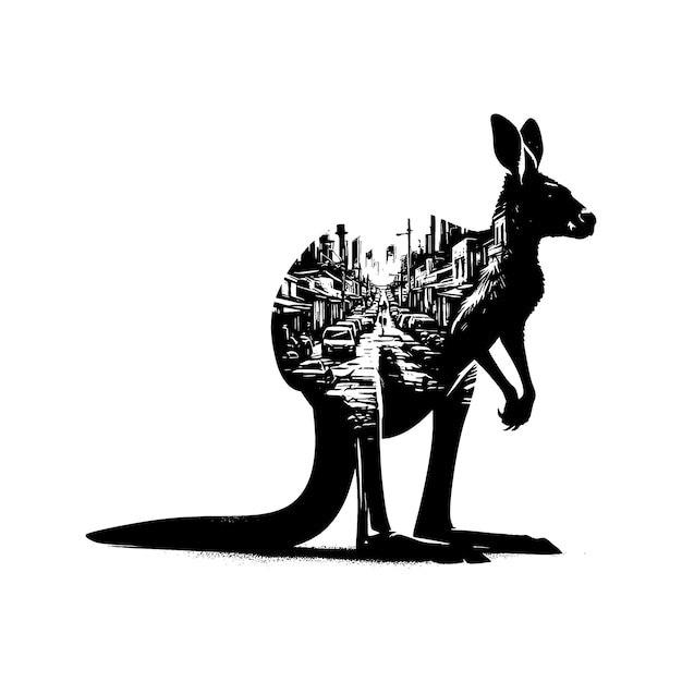 Vector silhouette of kangaroo filled with ghetto street in rough drawing