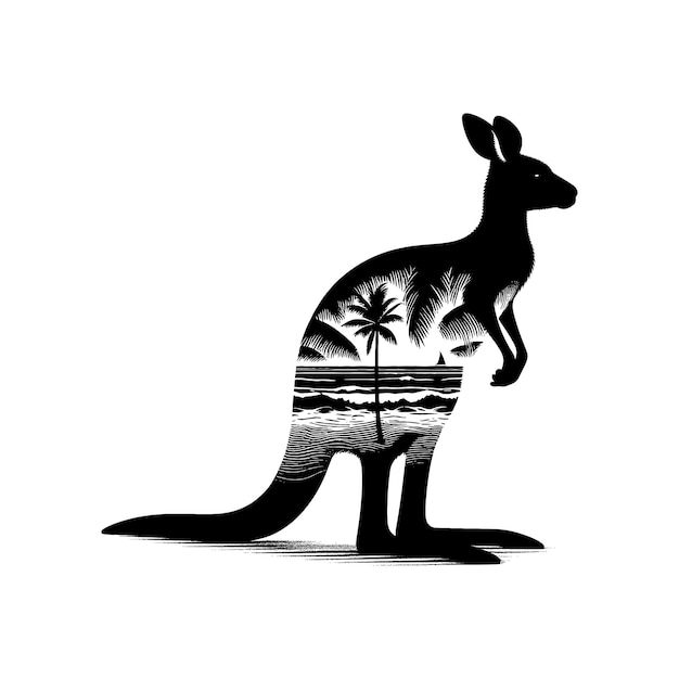 silhouette of Kangaroo filled with ocean beach view with palm tree in rough drawing