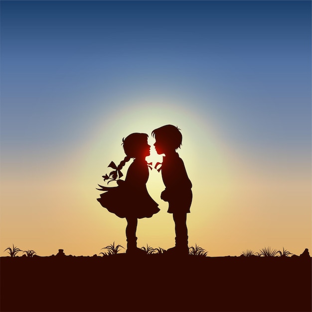 Silhouette of kids kissing