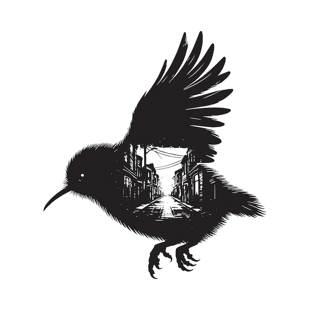 Vector silhouette of kiwi bird filled with ghetto street in rough drawing