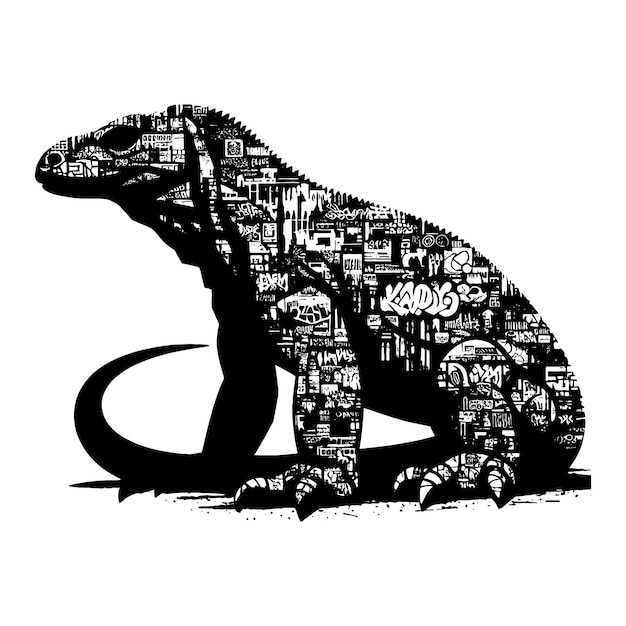 Vector silhouette of komodo filled with graffiti street wall in rough drawing animal