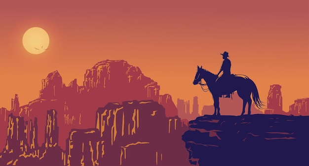 Vector silhouette of lonesome cowboy riding horse at sunset, vector illustration