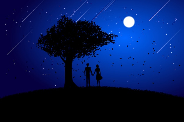 Silhouette Lover couple holding hand under big tree background at night. 