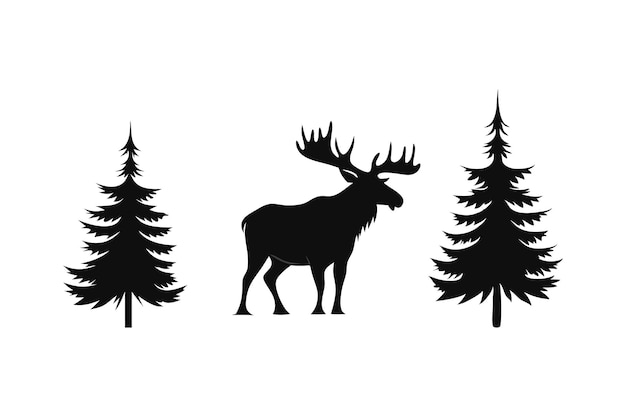 Silhouette of a majestic moose standing between two pine trees in a forest landscape