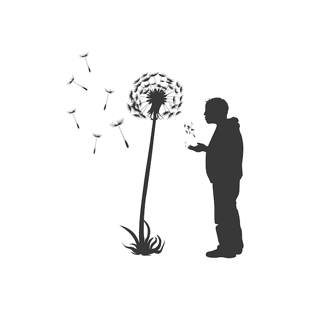 Vector a silhouette of a man blowing a dandelion with a silhouette of a plant in the background