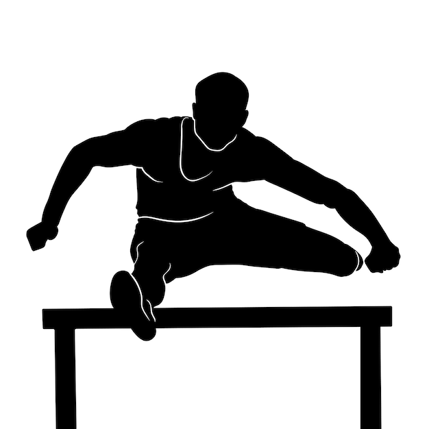 silhouette man character runs, jumping over barrier isolated on empty background